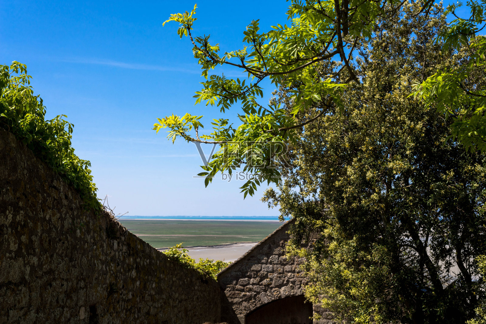 从法国圣米歇尔山看海滩的景色照片摄影图片