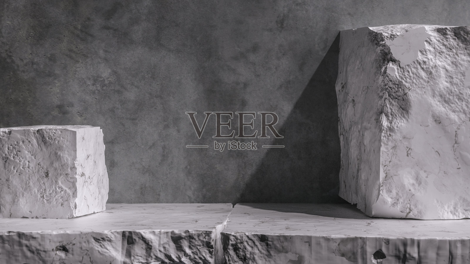 产品设置裙台碎石板，灰色大理石石材平台，粗糙纹理块物体放置，3d渲染，照片摄影图片