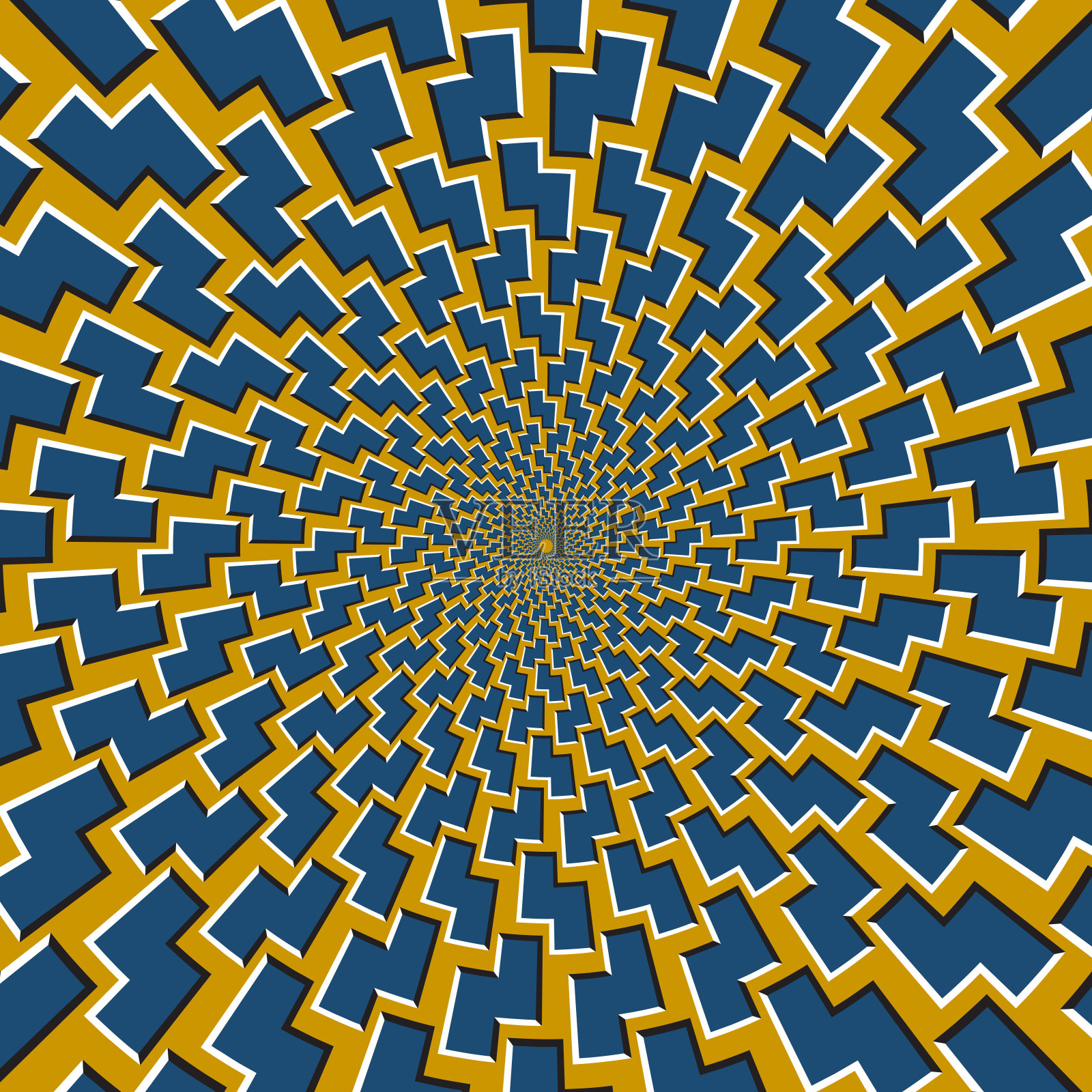 光学运动错觉矢量背景。蓝色之字形在金色的背景上围绕中心移动。插画图片素材