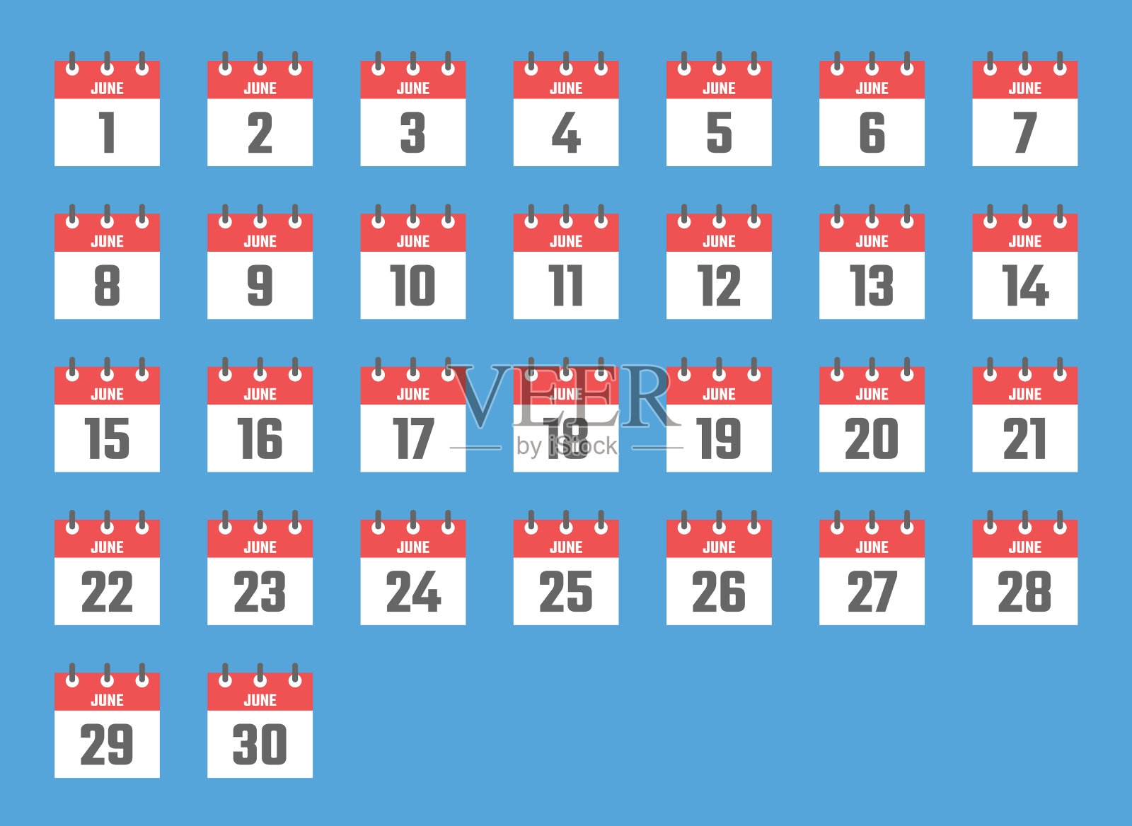 六月日历标志设置矢量插图，彩色标志为六月的所有日期设计模板素材