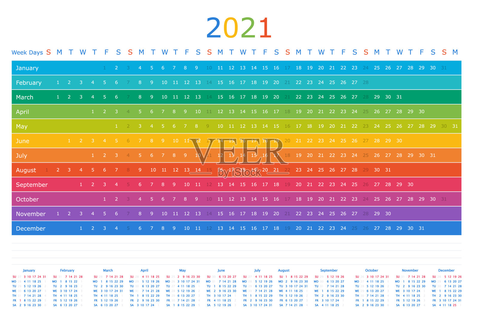 日历年2021水平矢量设计模板。彩虹设计插画图片素材