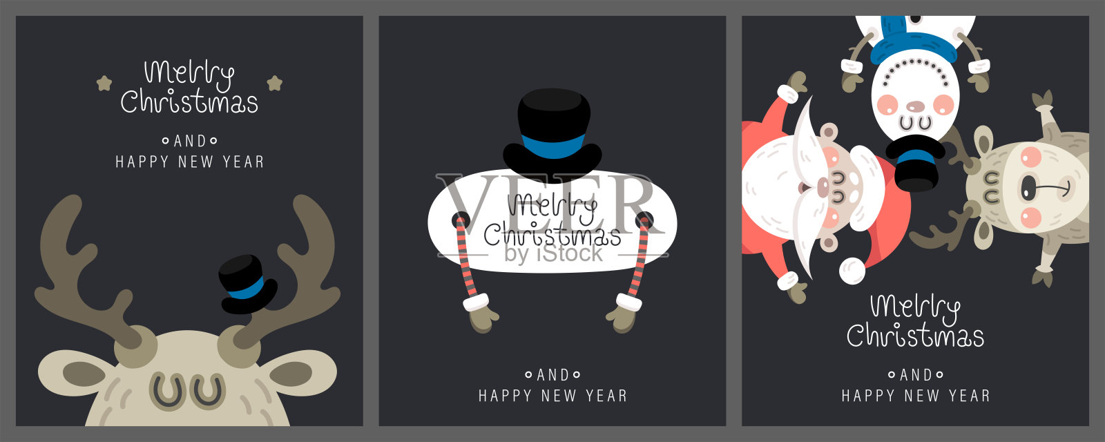 圣诞节新年快乐贺卡，可爱的圣诞节红润雪人、鹿、圣诞老人和问候语矢量图设计模板素材