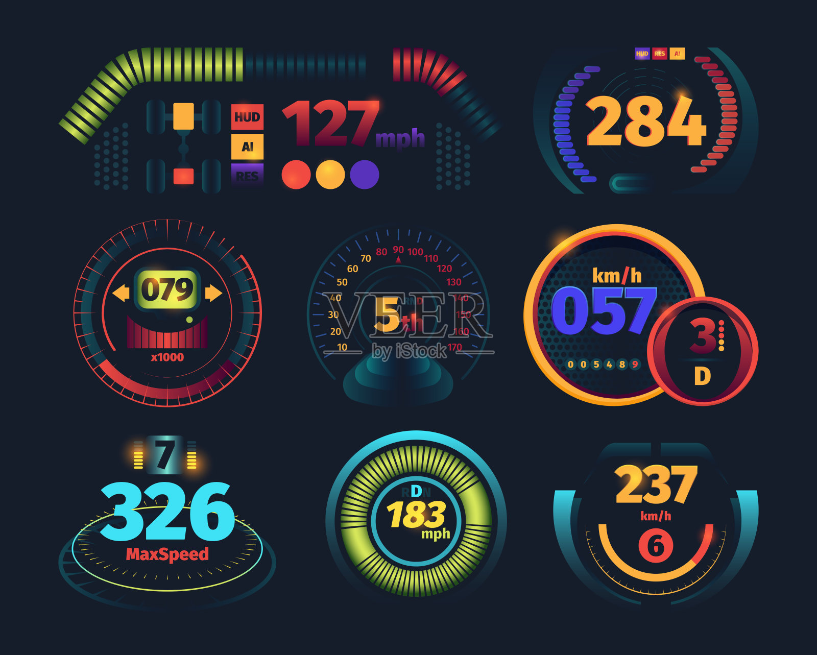 速度计：带指示器的发动机里程表汽车仪表盘，指示危险速度的箭头矢量未来主义插图插画图片素材