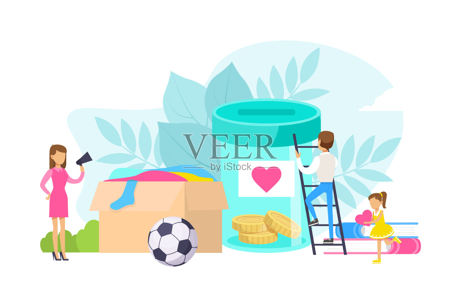 微小的人装满巨大的捐赠盒子的钱和衣服，志愿和慈善概念平面矢量插图插画图片素材