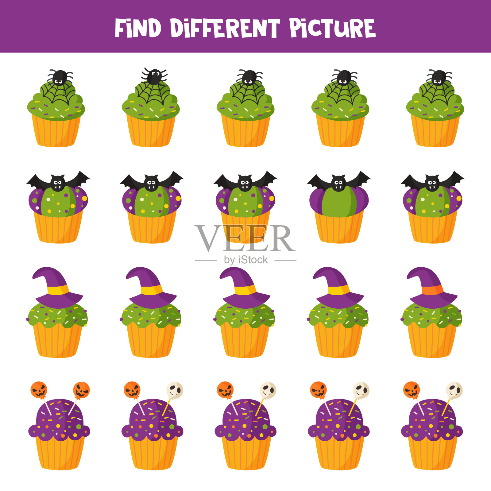 寻找万圣节纸杯蛋糕的不同图片。游戏对孩子。插画图片素材