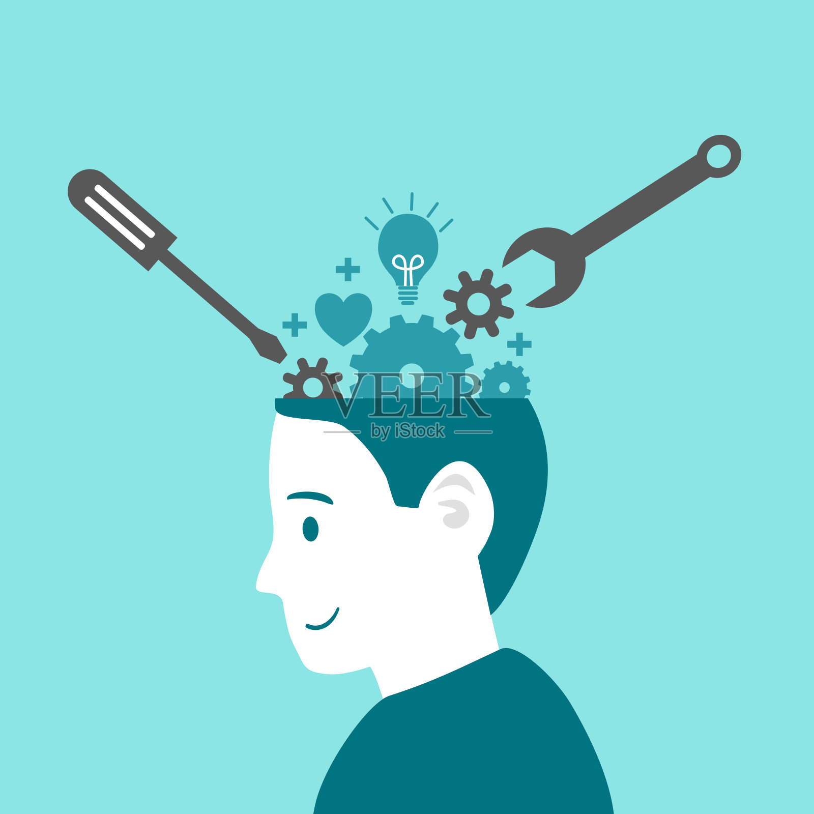 心理健康治疗概念矢量插图。人的头部轮廓，有齿轮，心脏，里面有灯泡。心理学家。插画图片素材