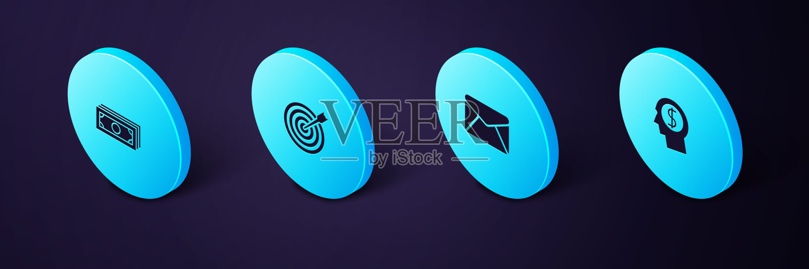 设定等距商人的计划头脑，信封，目标与箭头和堆栈纸币现金图标。向量图标素材