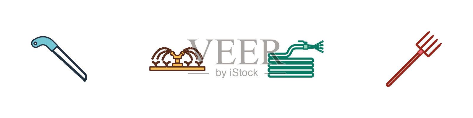 设置花园锯，自动灌溉洒水器，软管或消防软管和草叉图标。向量图标素材