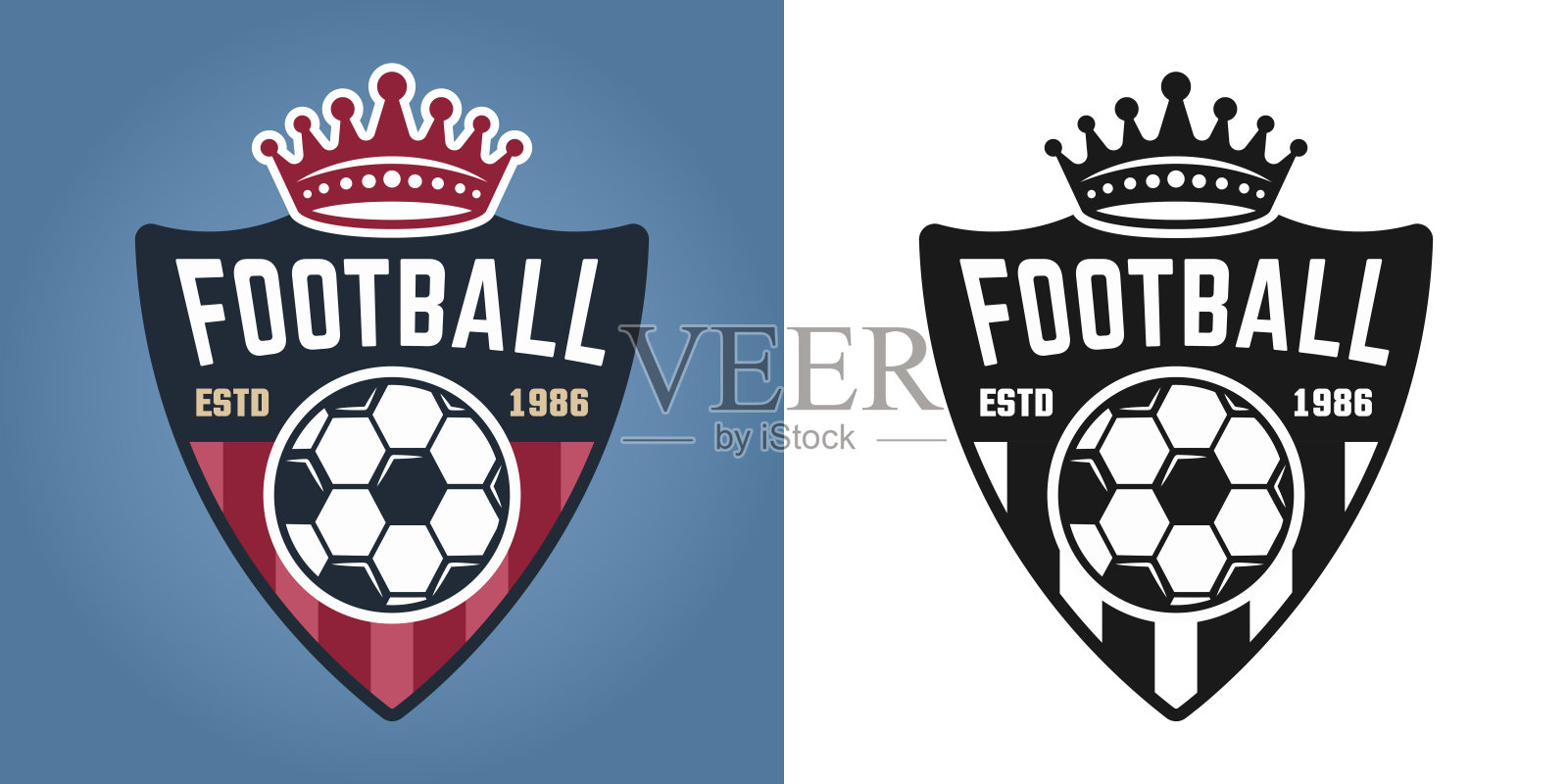足球盾矢量两种风格的徽章，徽章，标签或标志孤立在彩色和白色的背景插画图片素材