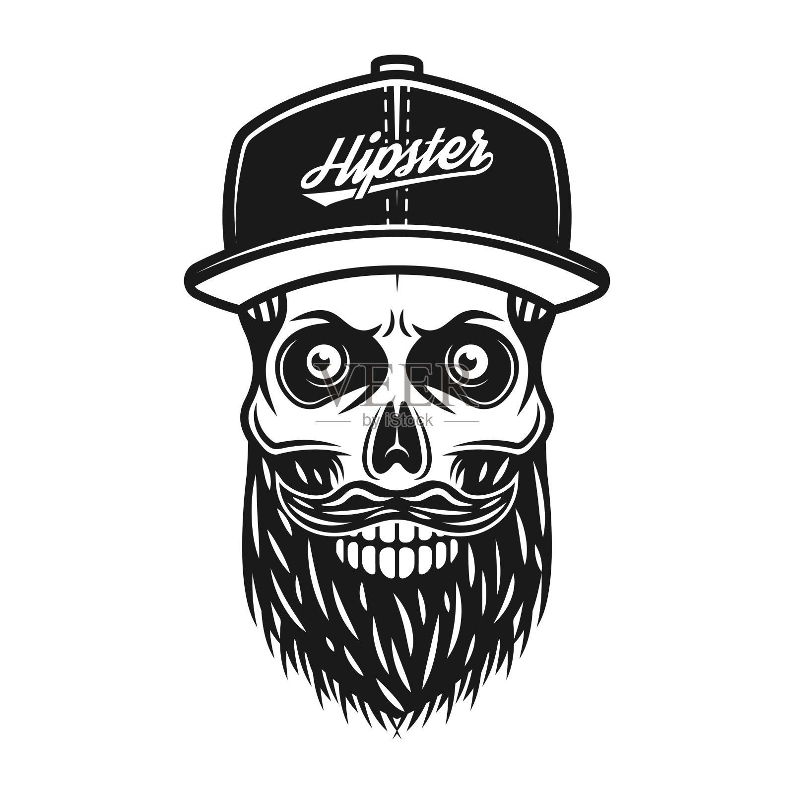 大胡子头骨棒球帽与铭文潮向量单色插图孤立在白色背景插画图片素材