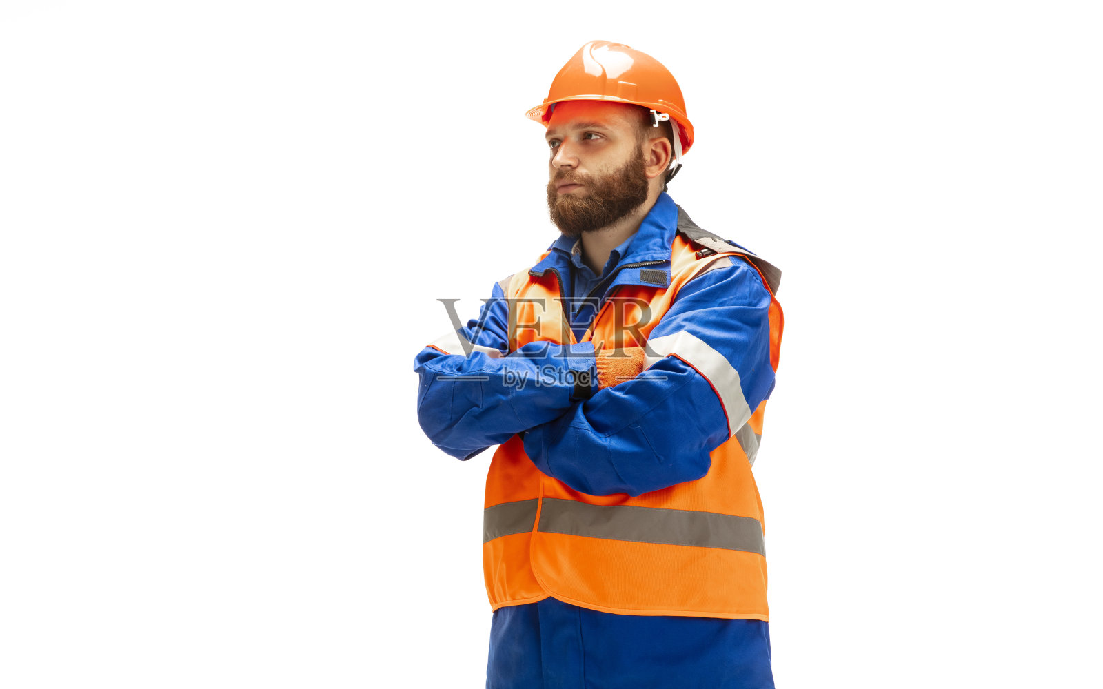 英俊的承包商，建筑工人隔离在白色的工作室背景照片摄影图片