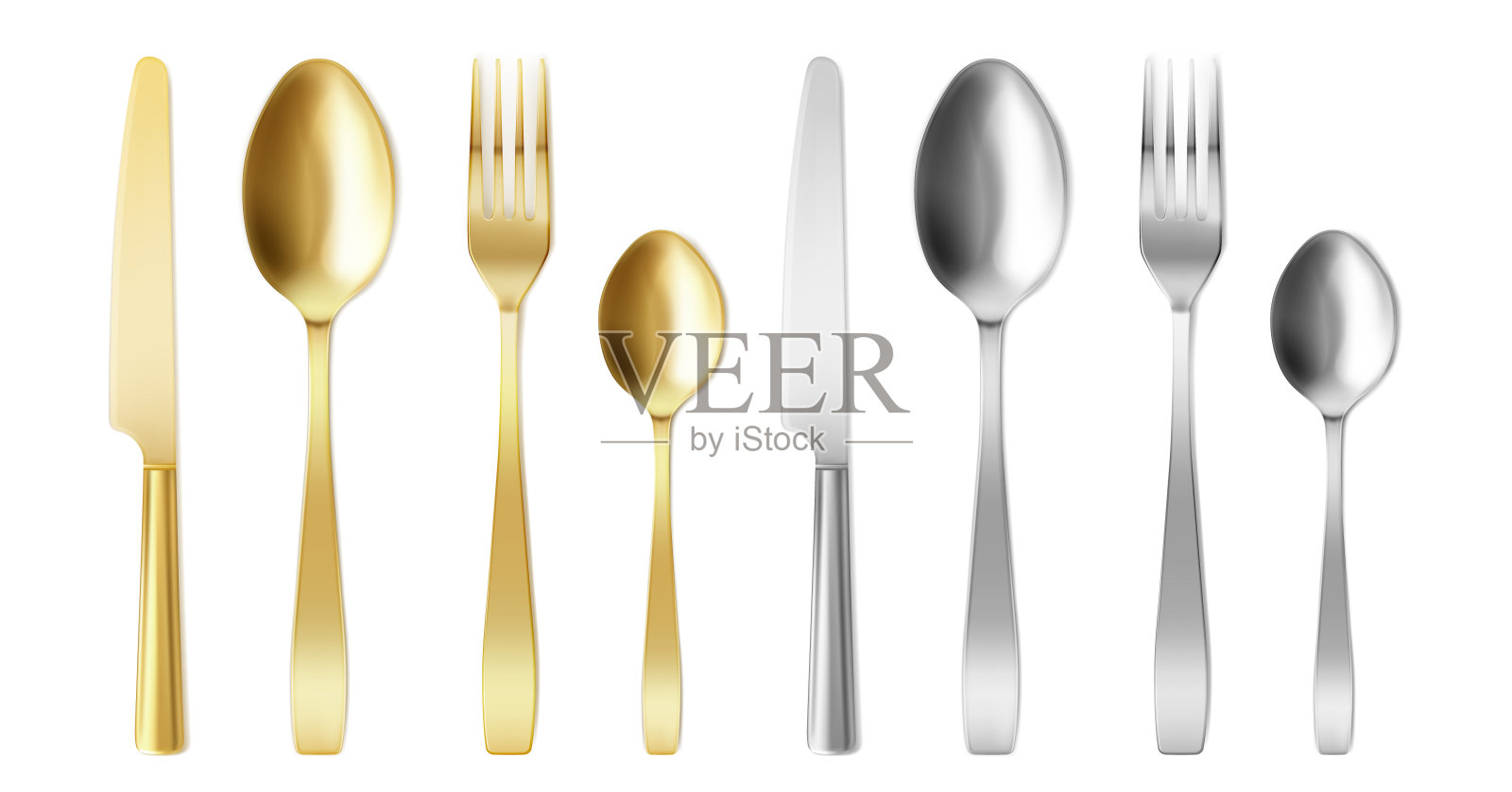 3d餐具，金、银叉、刀、匙插画图片素材