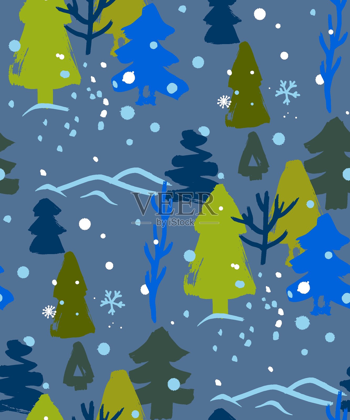 圣诞冬季图案与手绘树木和树木在天真的绘画风格插画图片素材