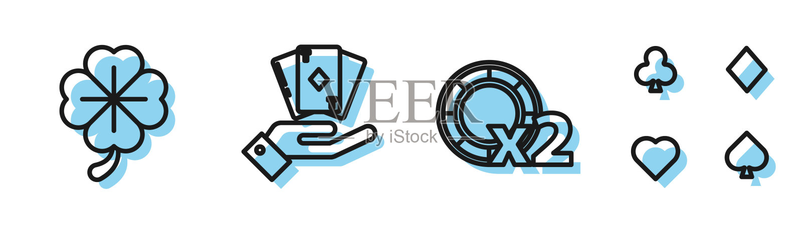 Set line Casino chips, Four leaf clover, Hand holding deck of playing cards and playing cards icon。向量插画图片素材