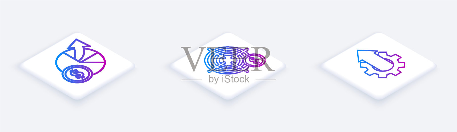 设定等距线和图表图，目标与美元符号和箭头增长齿轮业务。白色正方形按钮。向量插画图片素材