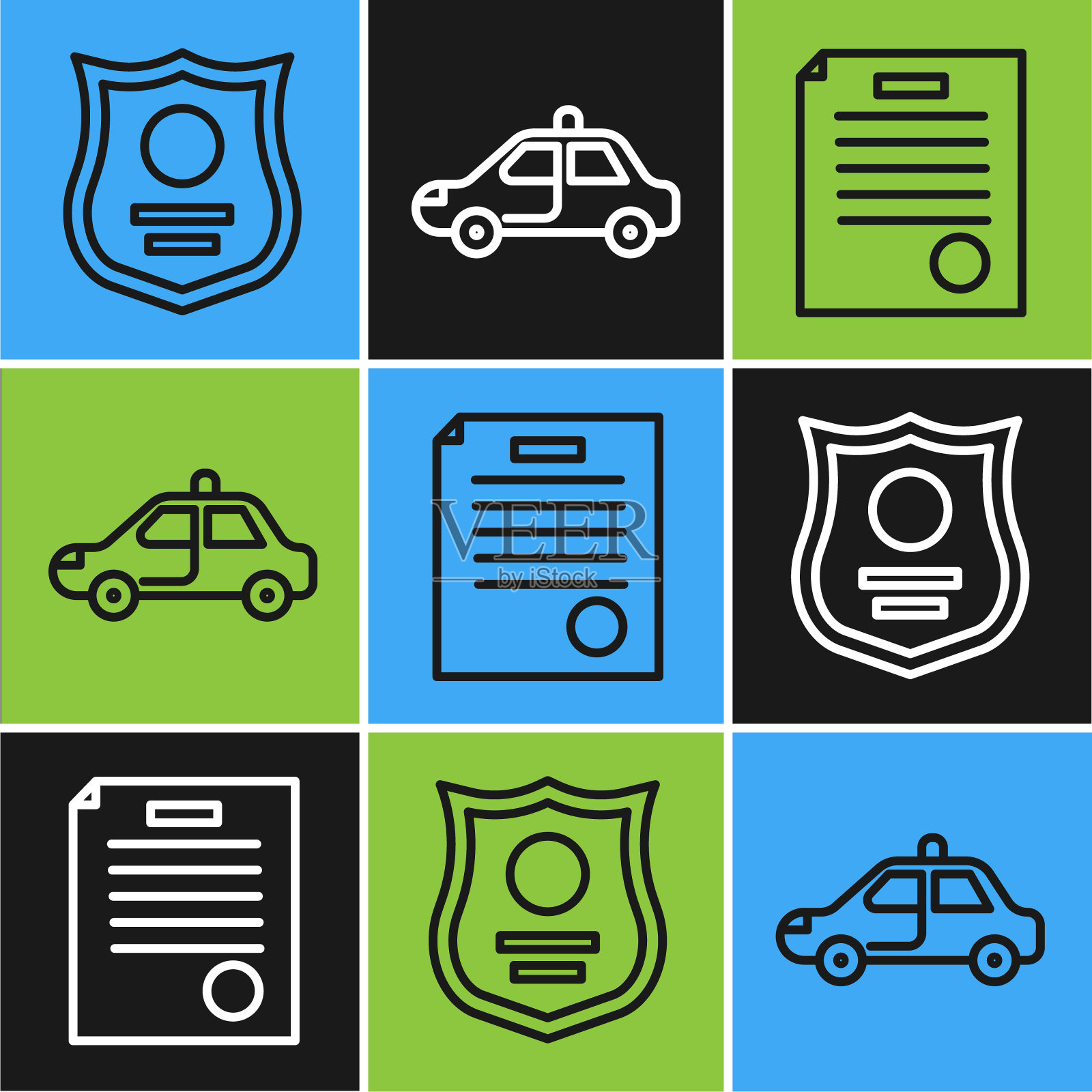 设置警徽，逮捕证，警车和闪光图标。向量插画图片素材