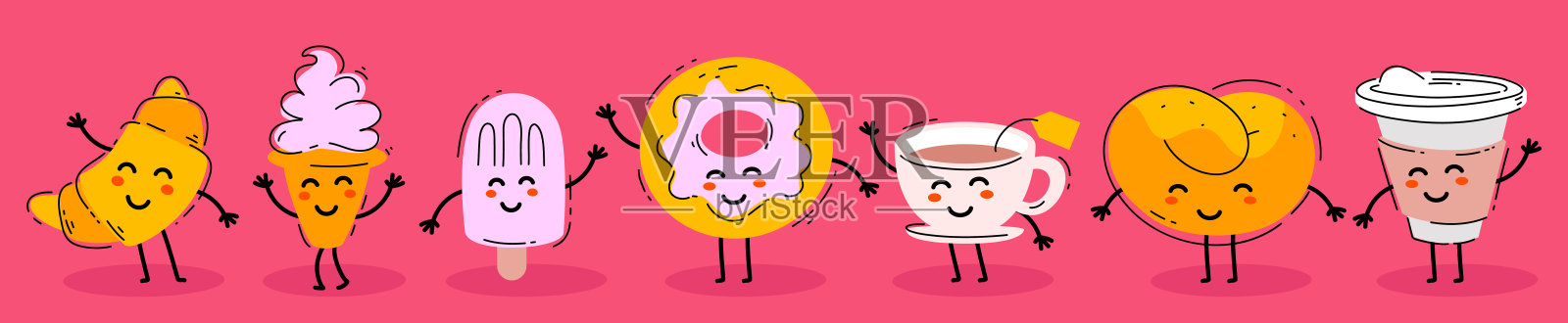 矢量插图的甜快餐朋友。快乐的甜甜圈，咖啡，面包和冰淇淋字符在粉红色的背景。插画图片素材