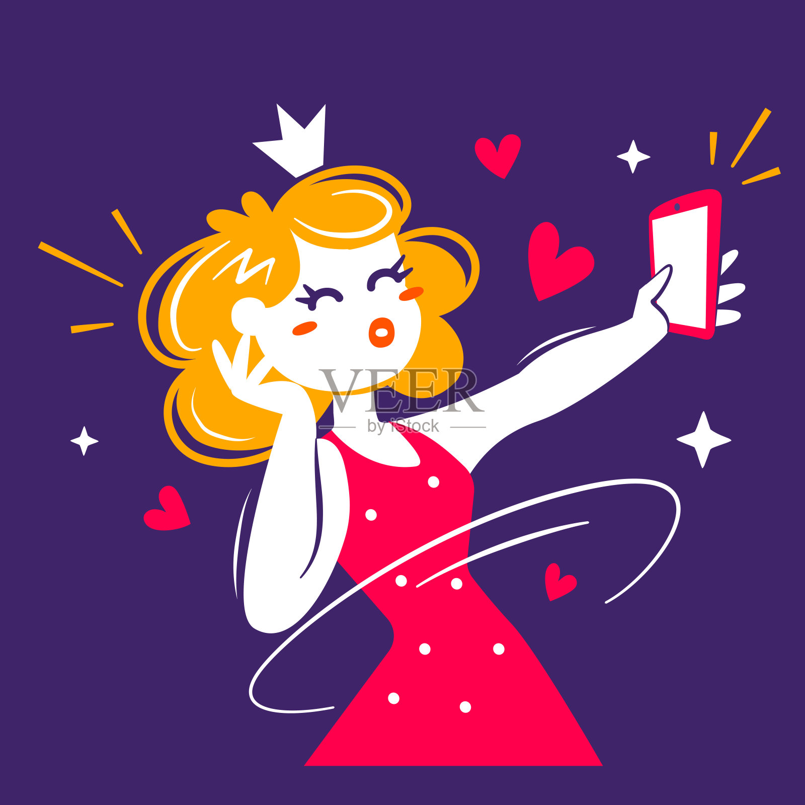 Vector图例年轻美丽的女人穿着红色的裙子自拍手机上的社交网络在紫色的背景与心。插画图片素材