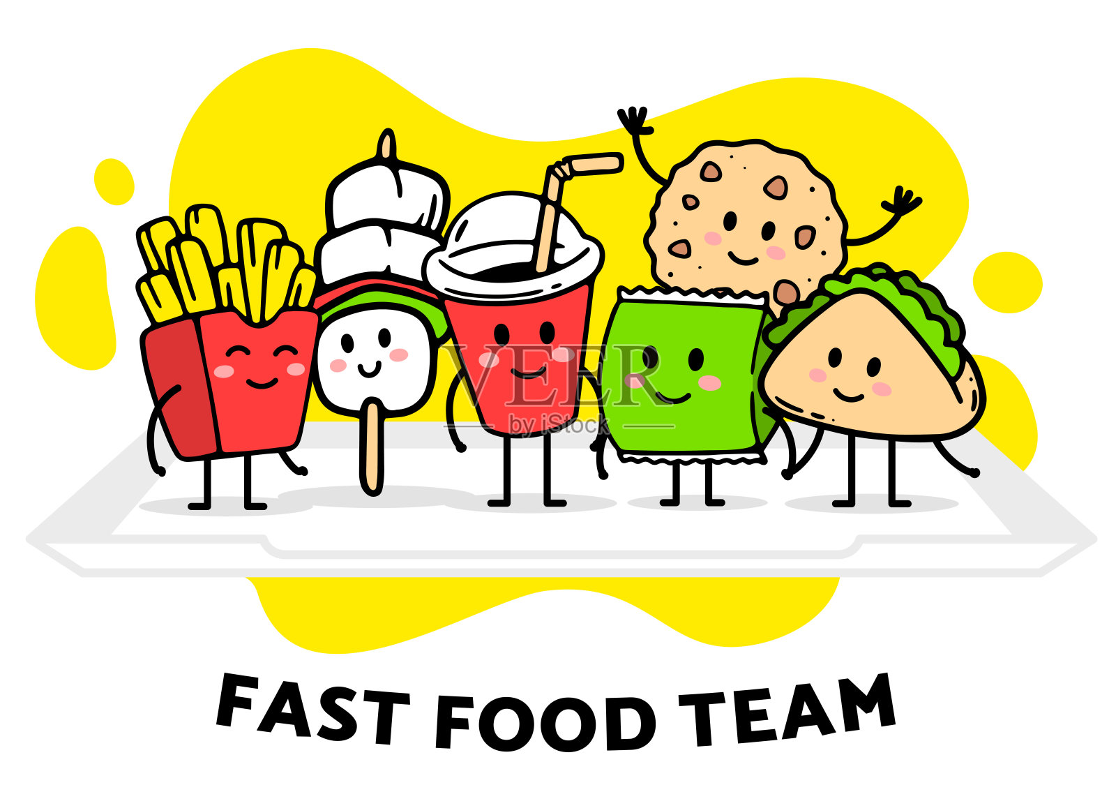 矢量插图的快餐朋友在白色的背景。快乐薯条，可乐，零食的特点站在一起的托盘上。插画图片素材