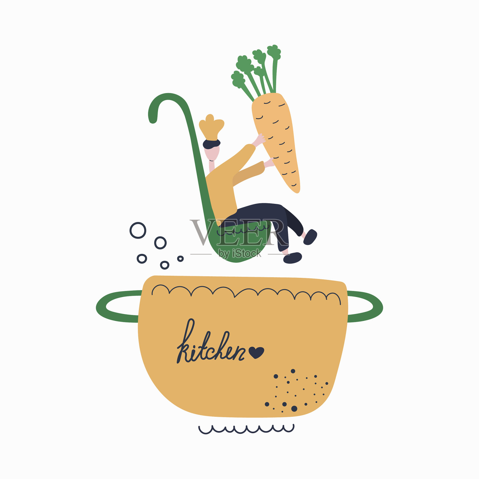 小厨师坐在勺子里做饭，手里拿着大胡萝卜。文字厨房上的炖锅。现代矢量插图烹饪类，菜单。手绘概念。插画图片素材