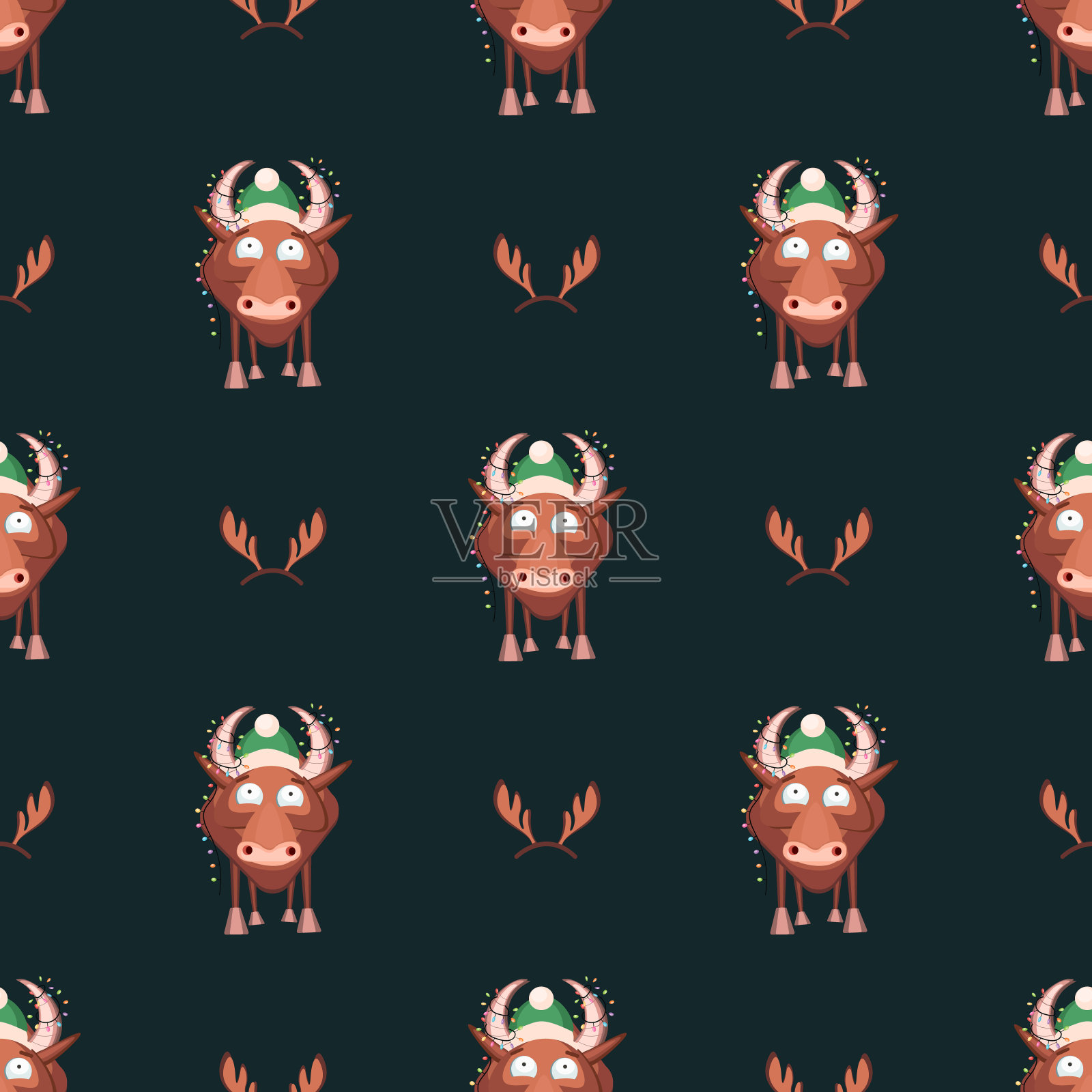 2021年春节快乐-搞笑的公牛。矢量插图。适用于包装纸，纺织品，包装纸。插画图片素材