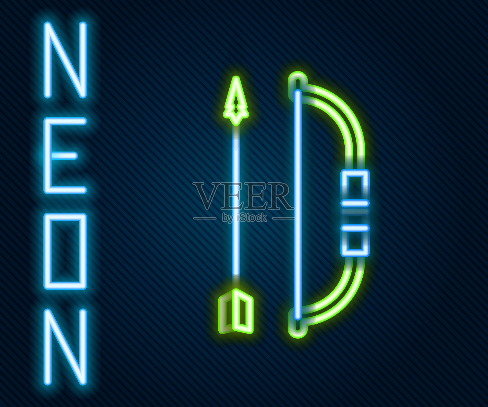 发光的霓虹灯线弓和箭箭箭箭的图标孤立在黑色的背景。色彩斑斓的轮廓的概念。矢量图插画图片素材