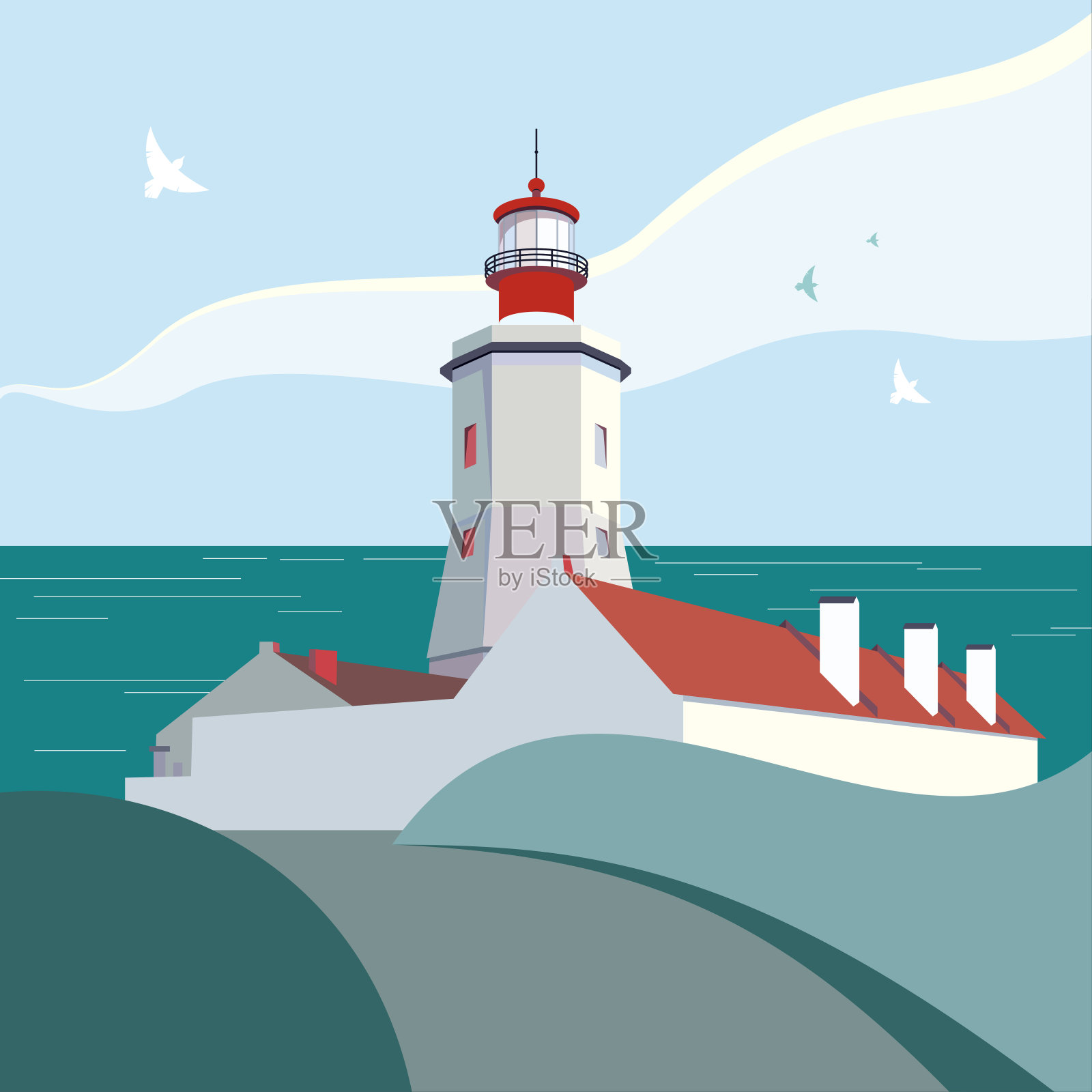 灯塔矢量插图。海上景观白红色灯塔。图形矢量卡通插图信标设计元素图片
