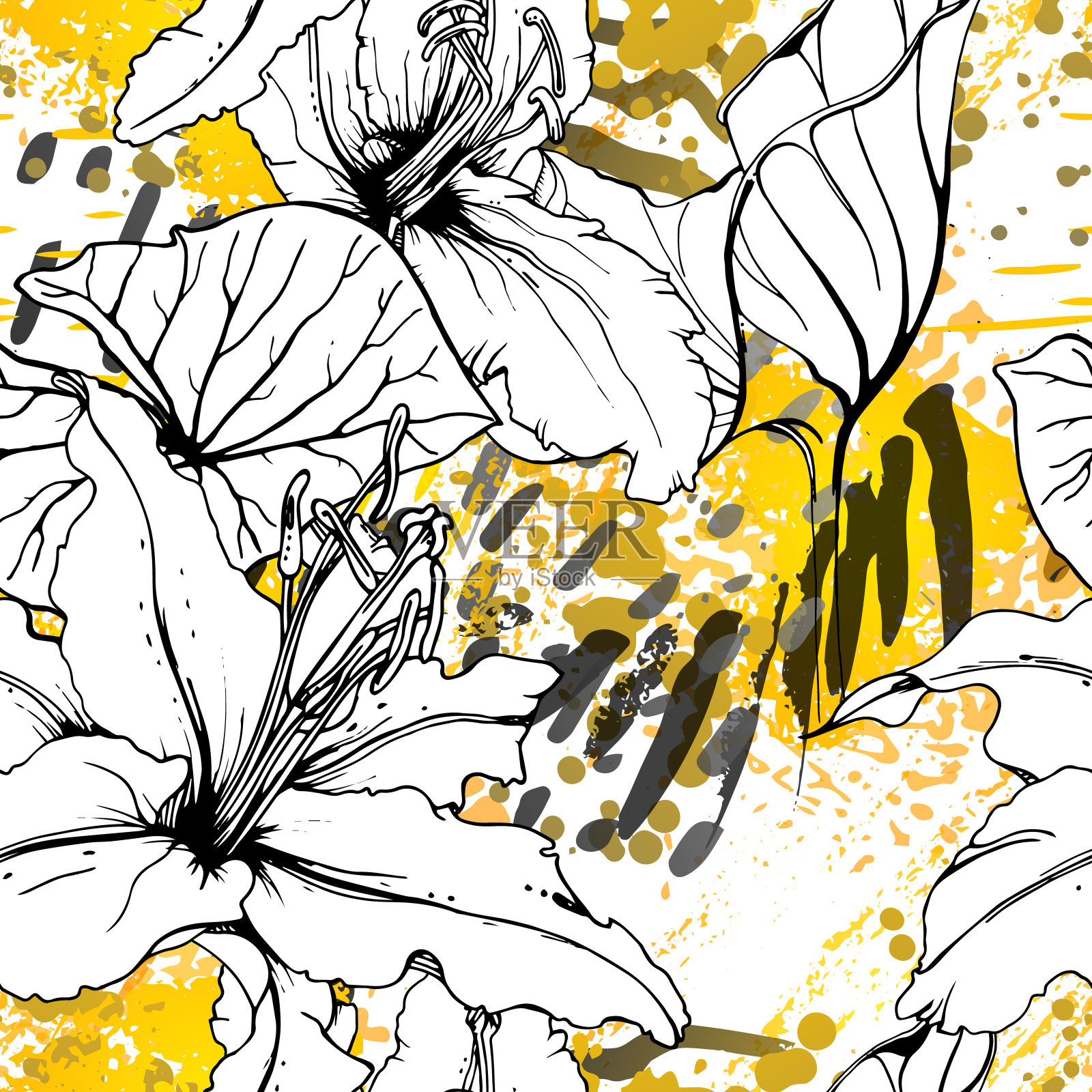 花黑白图案。现代水彩插画图片素材