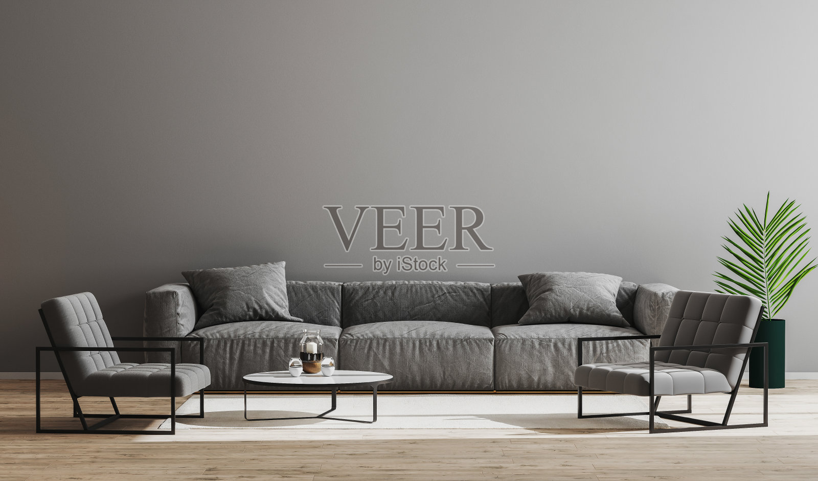 现代极简主义客厅室内模拟灰色沙发，扶手椅和咖啡桌，客厅室内背景，斯堪的纳维亚风格，现代家具房间，3d渲染照片摄影图片
