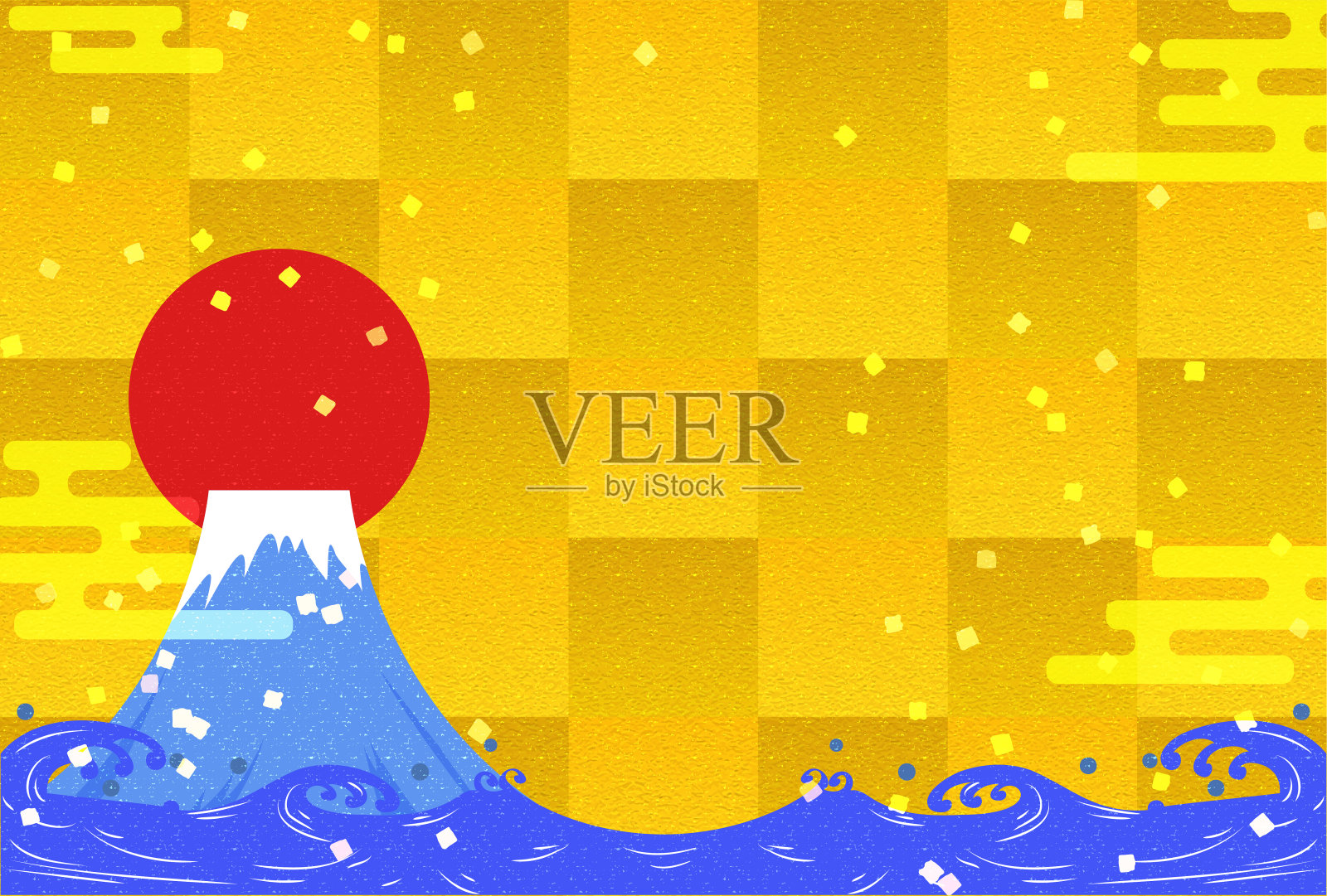 新年贺卡上的插图以第一次日出的金叶为背景插画图片素材