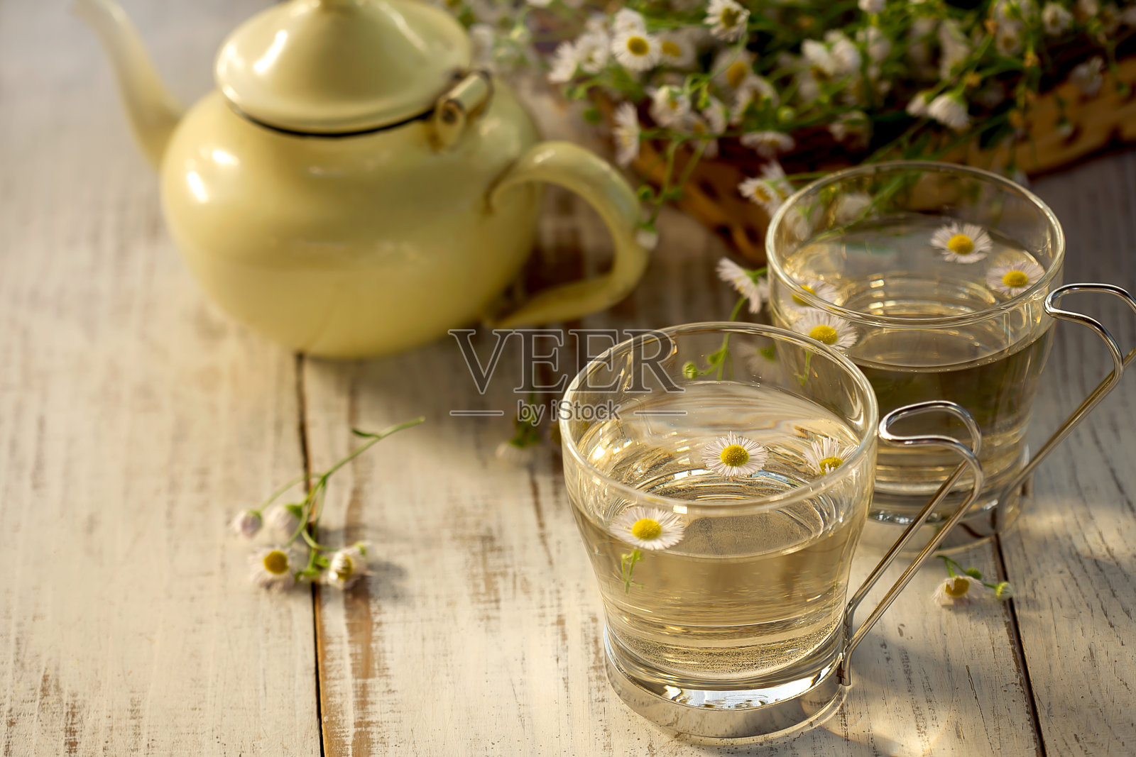 茶壶和甘菊茶杯照片摄影图片