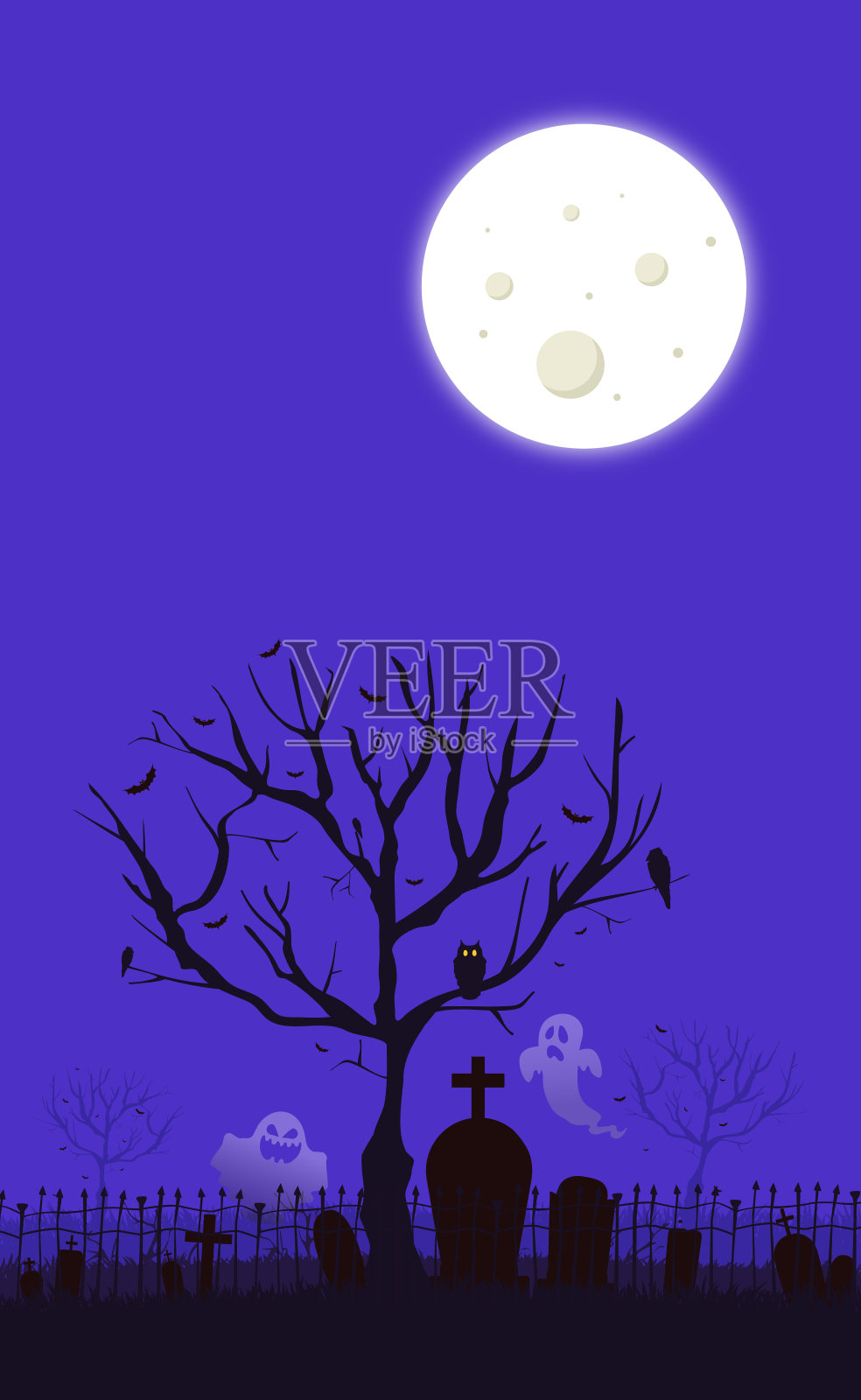 可怕阴沉的夜晚，月光下废弃的墓地插画图片素材