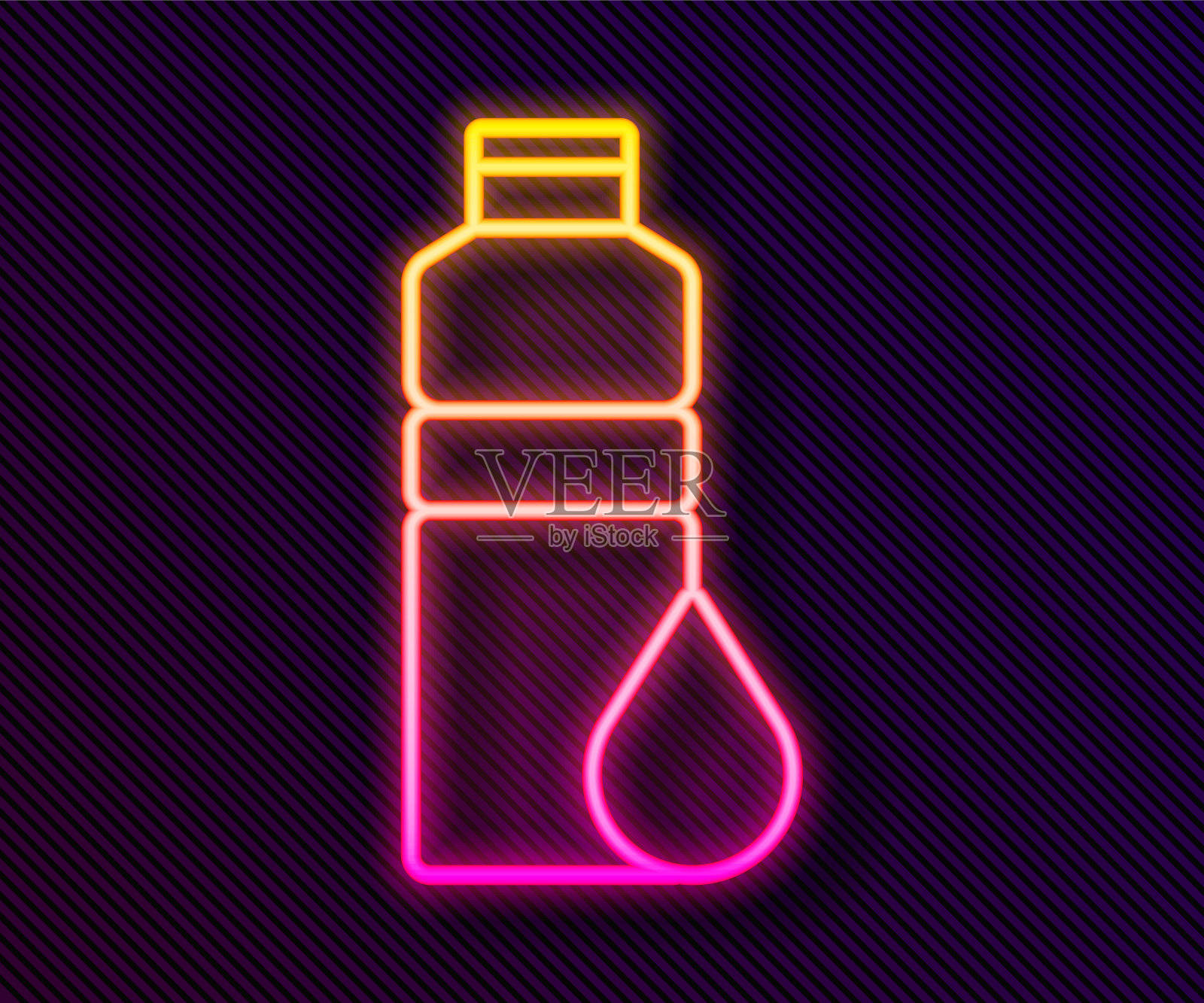 霓虹灯线健身摇瓶图标孤立在黑色背景。运动摇瓶与盖子的水和蛋白质鸡尾酒。向量插画图片素材