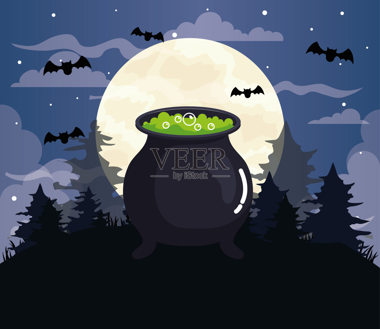 万圣节快乐的横幅与大锅和蝙蝠在黑暗的夜晚飞行插画图片素材
