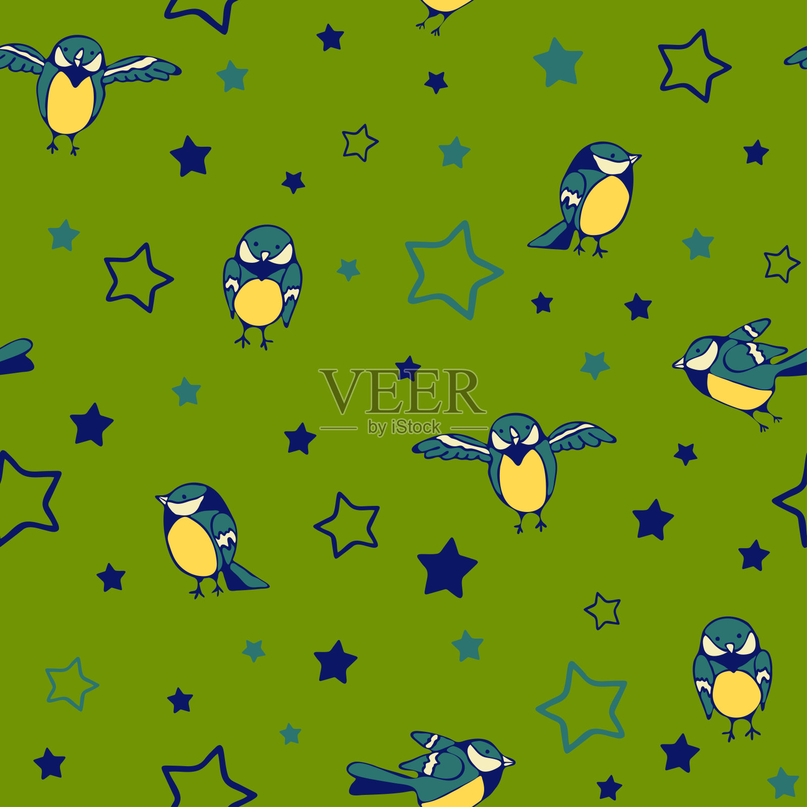 无缝矢量模式与鸟类和星星在绿色背景。简单的墙纸设计与麻雀。儿童动物时尚纺织品。插画图片素材