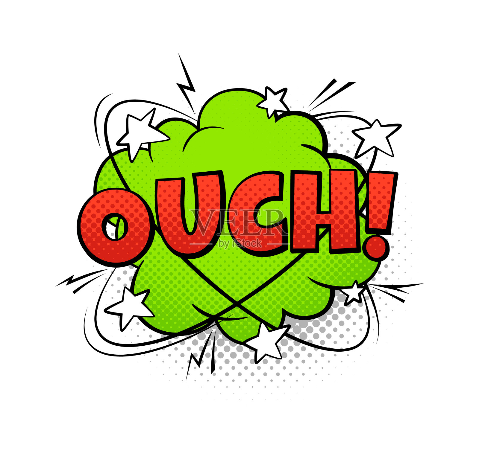 漫画气球ouch text。卡通语音泡泡，红绿白三色。复古声音语音效果半色调网点背景。矢量孤立插图在复古风格设计元素图片