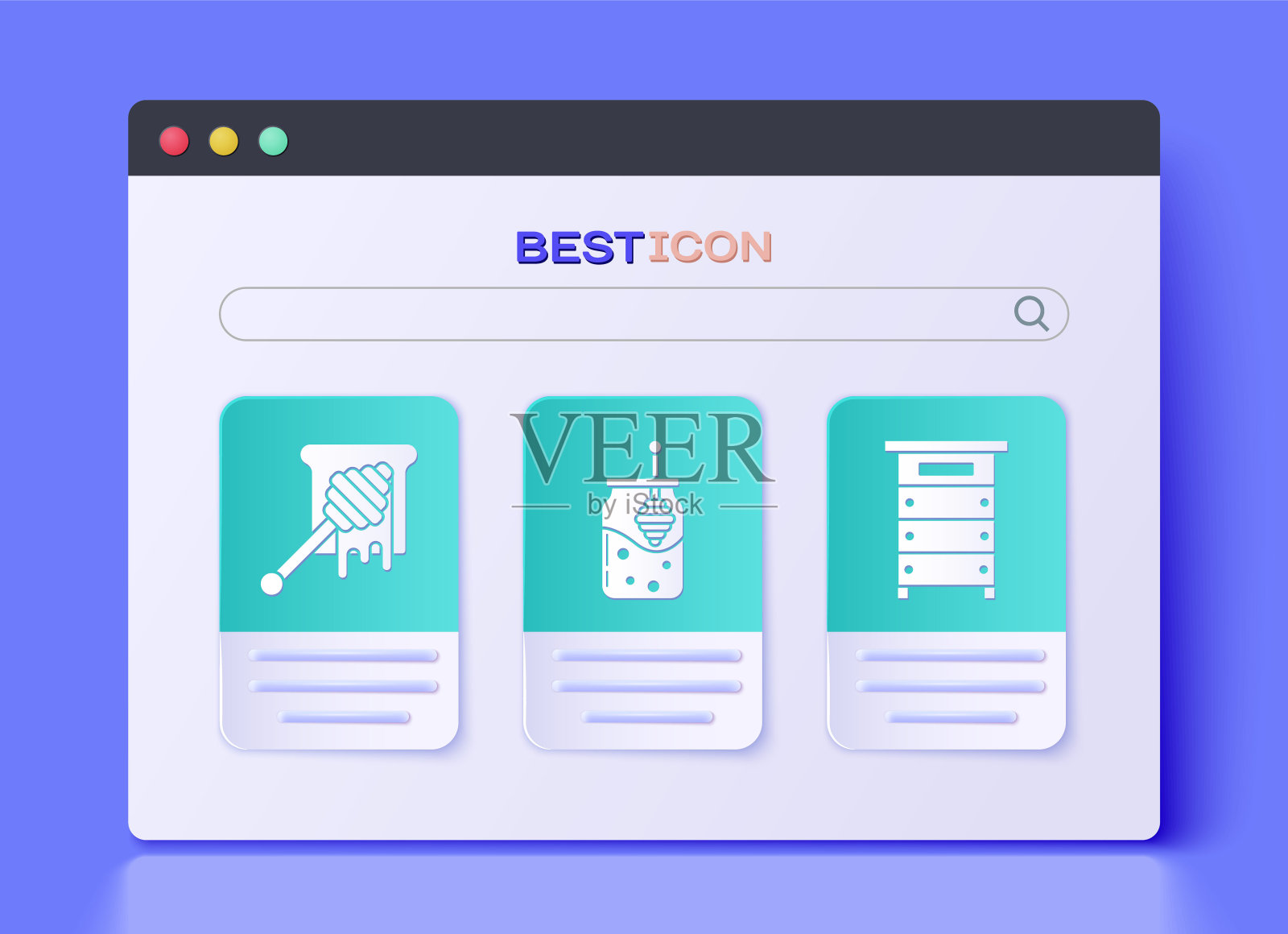 集罐蜂蜜和蜂蜜勺棒，蜂蜜勺棒滴蜂蜜和蜂箱为蜜蜂图标。向量图标素材