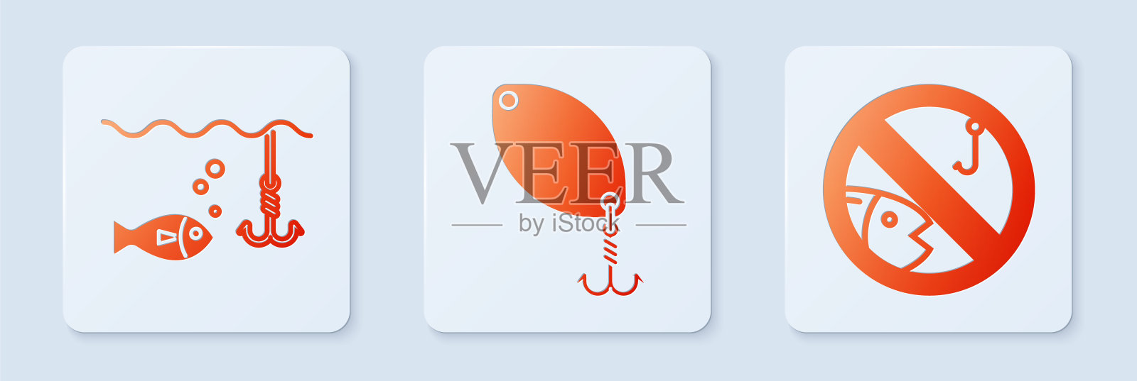 设置钓鱼勺，钓鱼钩，水下有鱼，不许钓鱼。白色正方形按钮。向量插画图片素材