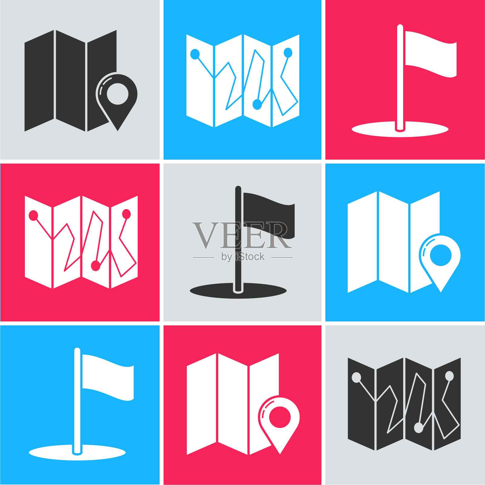 设置折叠地图与位置标记，折叠地图与位置标记和标志图标。向量图标素材