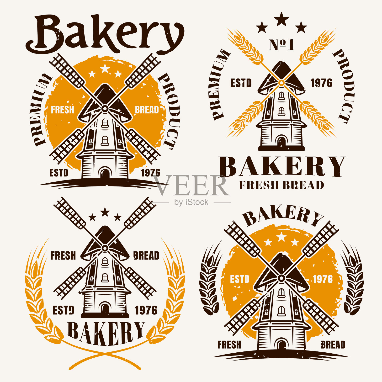 风车一套彩色的标志，标签，徽章或标识面包房矢量插图插画图片素材