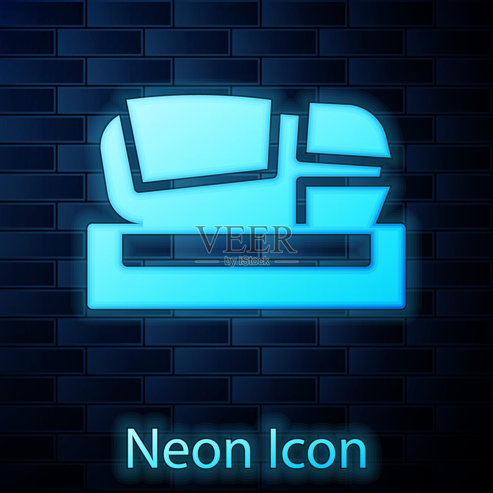 发光的霓虹灯体育场梅斯塔利亚图标孤立在砖墙背景上。西班牙瓦伦西亚的足球场。向量插画图片素材