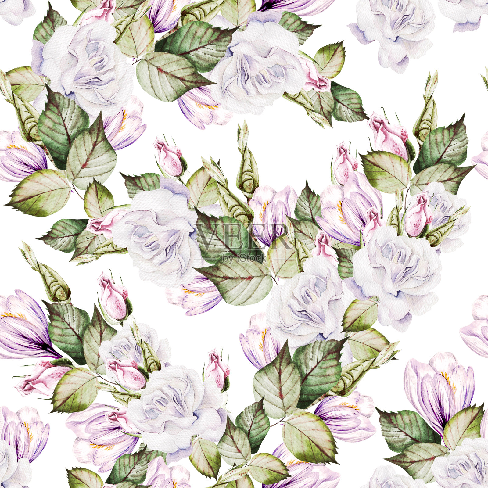 美丽的水彩婚礼图案与玫瑰花和番红花。插画图片素材