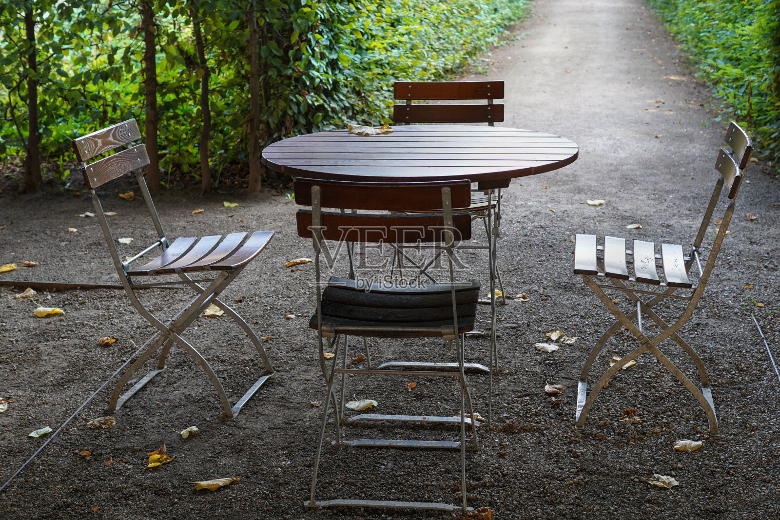 公园里的一张桌子和四把椅子照片摄影图片