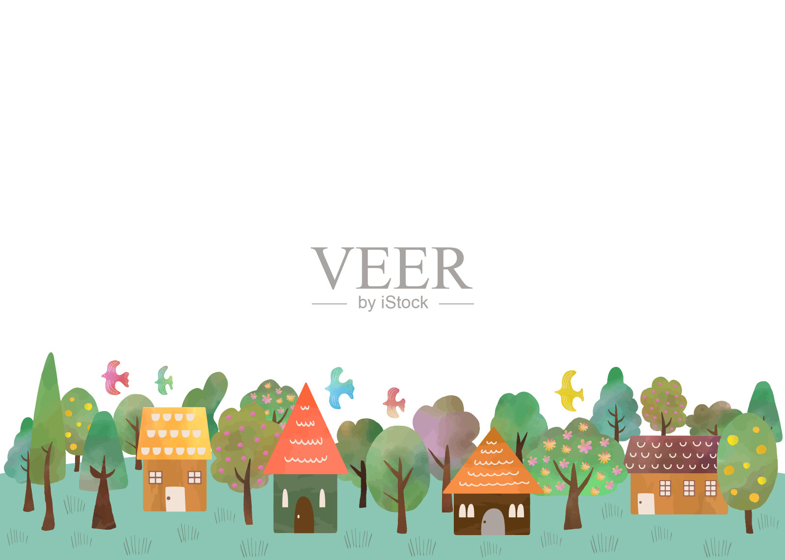 房屋和树木的框架，水彩的纹理插画图片素材