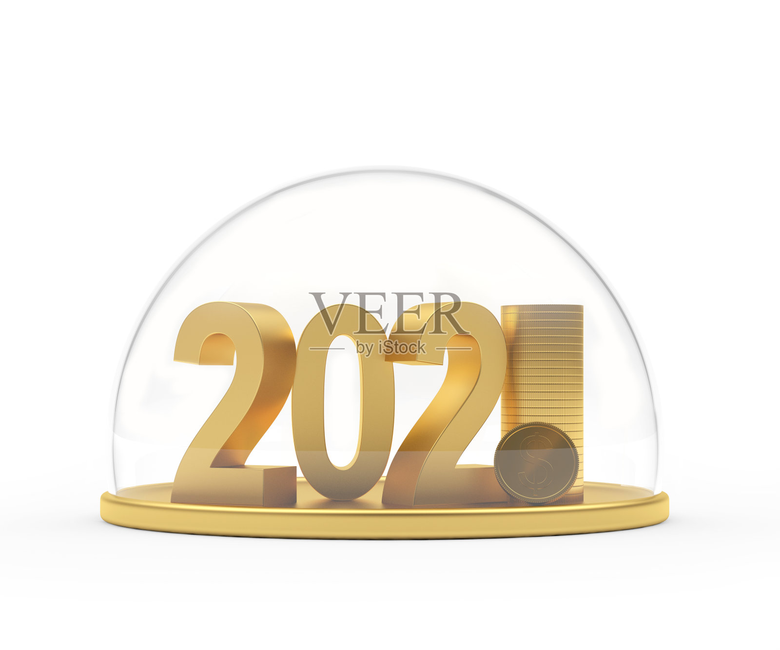 2021年的黄金和被穹顶保护的美元硬币照片摄影图片