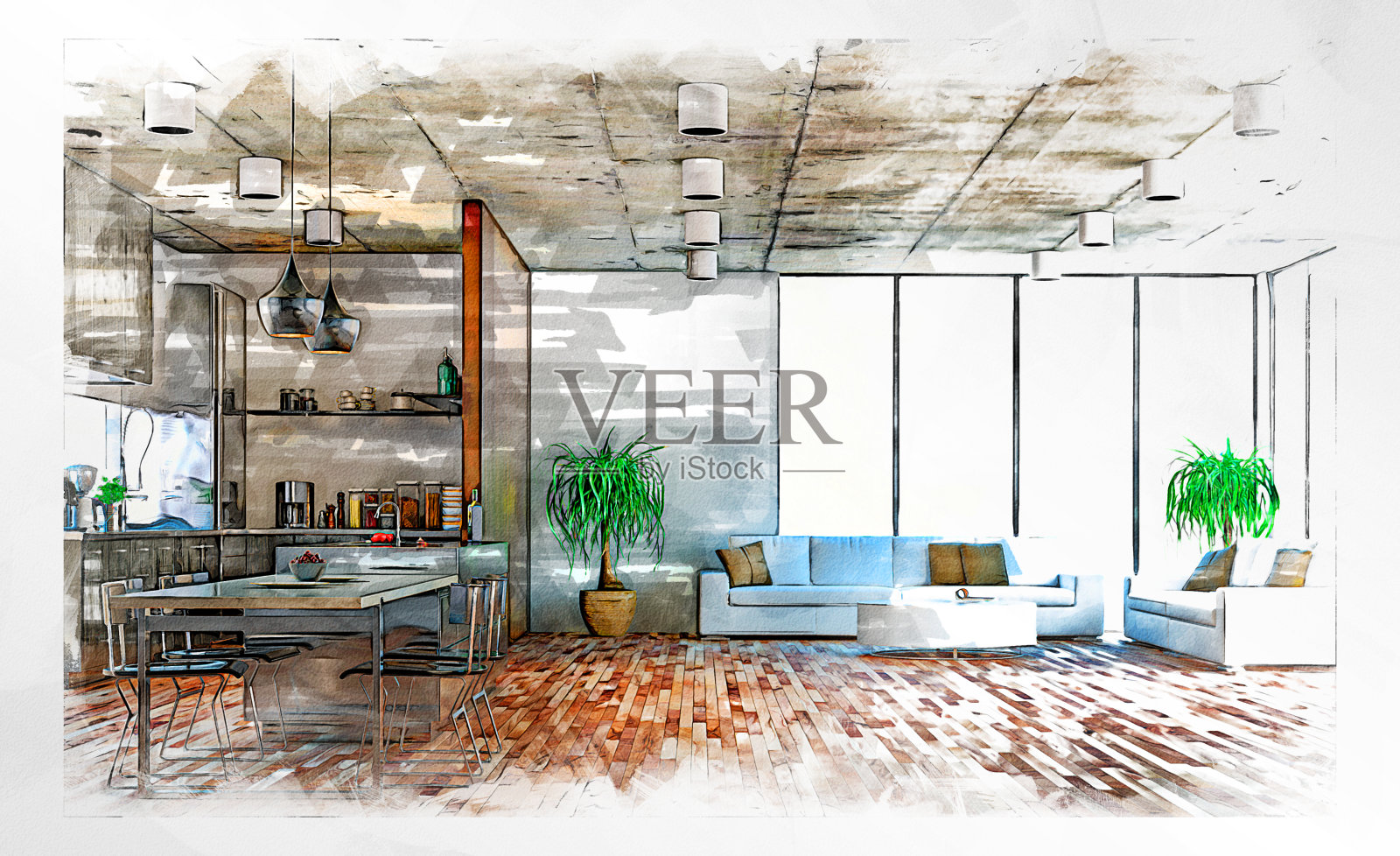 现代厨房和客厅素描与马克笔库存照片照片摄影图片