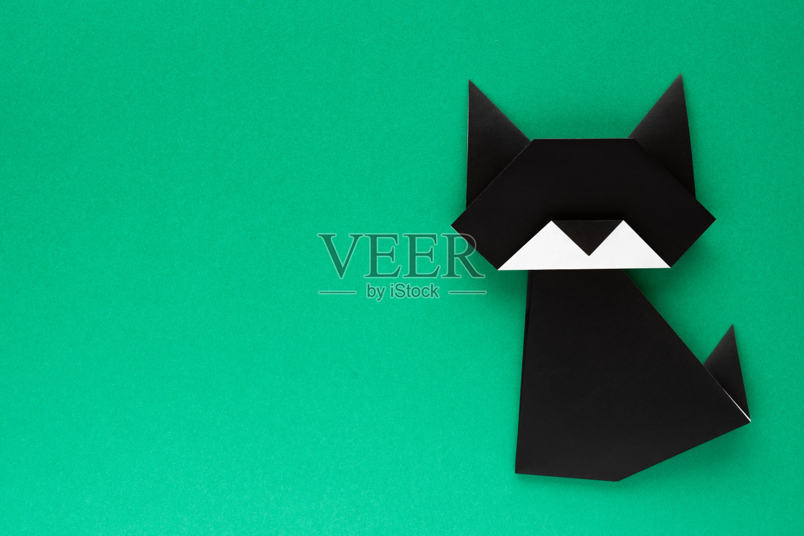 黑色折纸猫在绿色的背景照片摄影图片