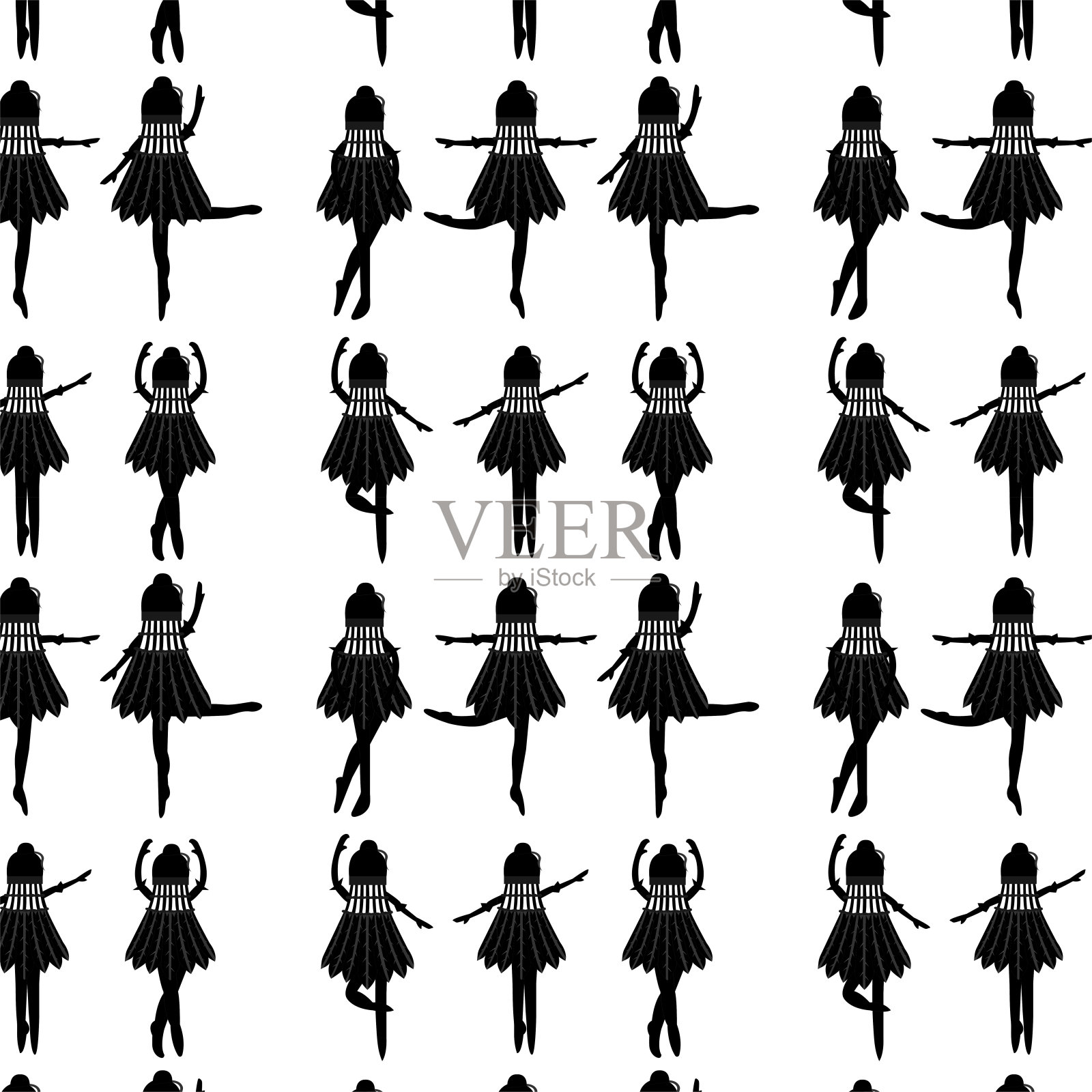 无缝图案的黑色芭蕾舞者在一个羽毛球裙在一个白色背景卡通舞蹈不同的姿势插画图片素材
