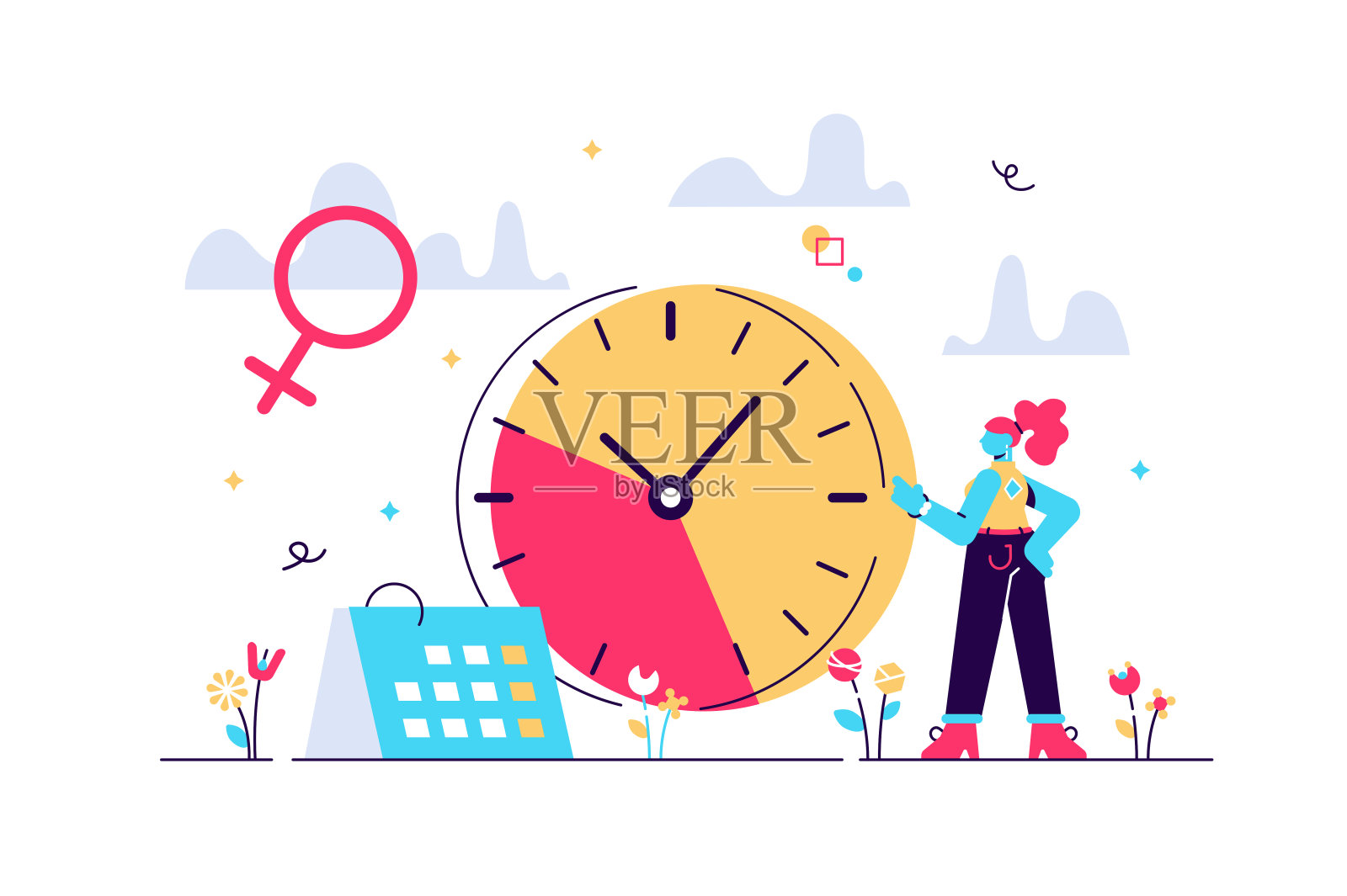 更年期妇女站在生理钟前插画图片素材