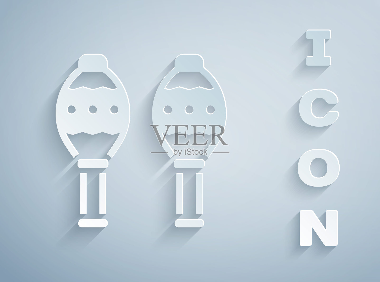 剪纸沙球图标孤立在灰色背景。音乐沙球乐器墨西哥。纸艺术风格。向量插画图片素材